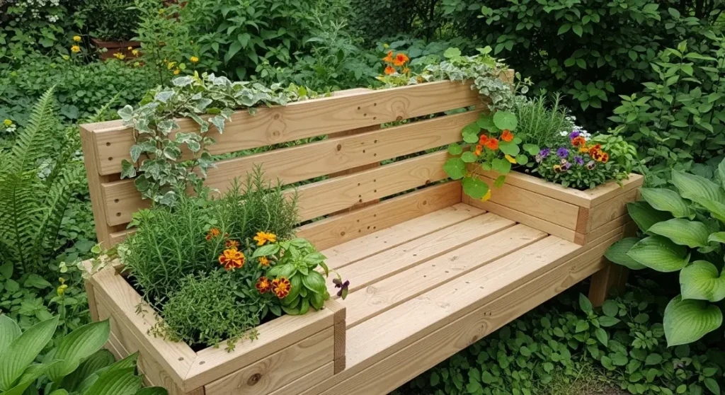 Banc en extérieur avec plantes