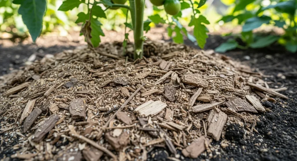 Paillage avec de la sciure et des copaux de bois