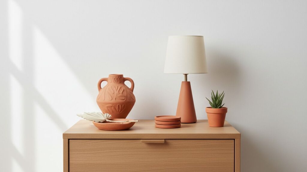 Mur blanc et accessoires terracotta pour la chambre