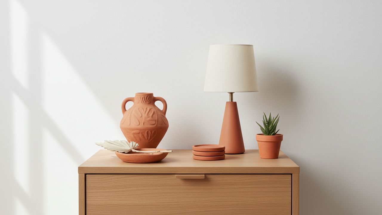 Mur blanc et accessoires terracotta pour la chambre