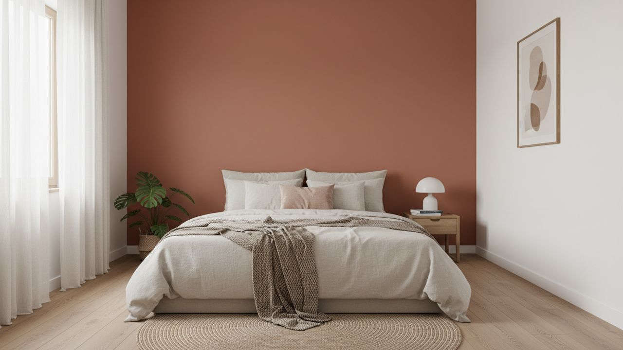 Chambre et lit couleurs blanc et terracotta