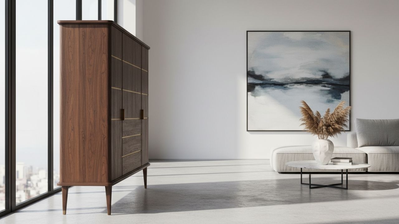 Vieux buffet en bois dans une pièce blanche