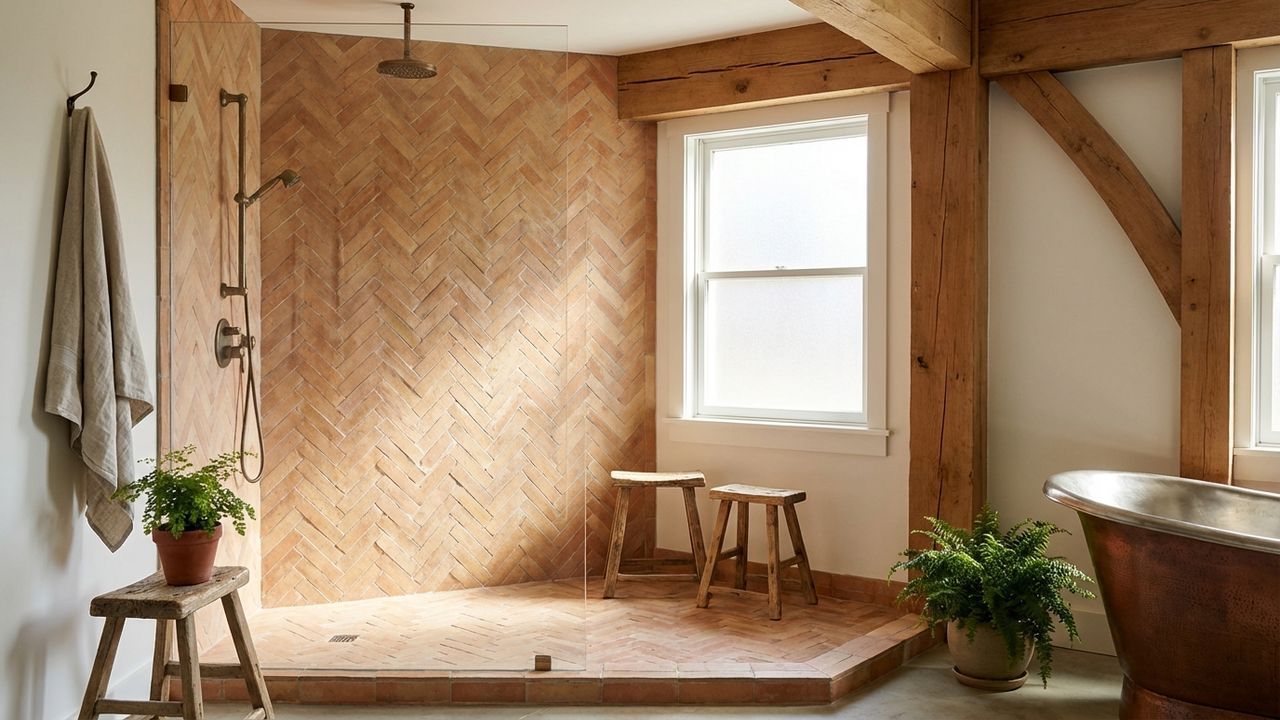 Les revêtements possibles pour une salle de bain terracotta et bois