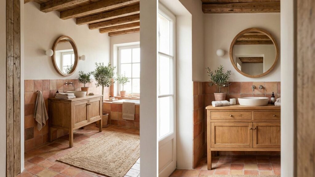 Le duo terracotta et bois pour une belle salle de bain