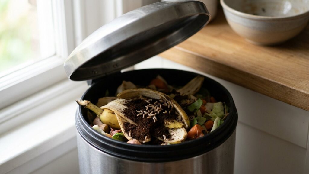 Asticots dans une poubelle de cuisine avec déchets organiques