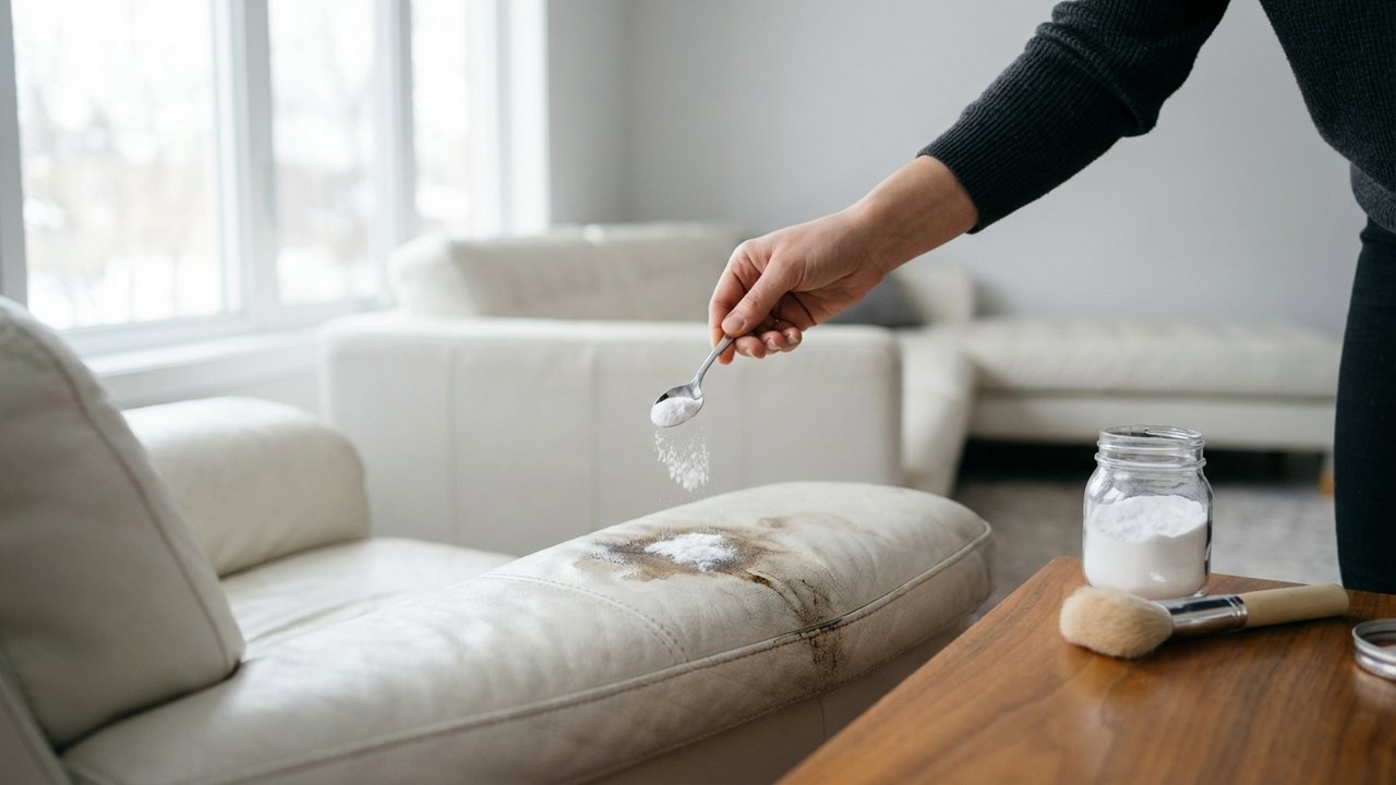 Application de bicarbonate de soude sur une tache de graisse d'un canapé en cuir blanc