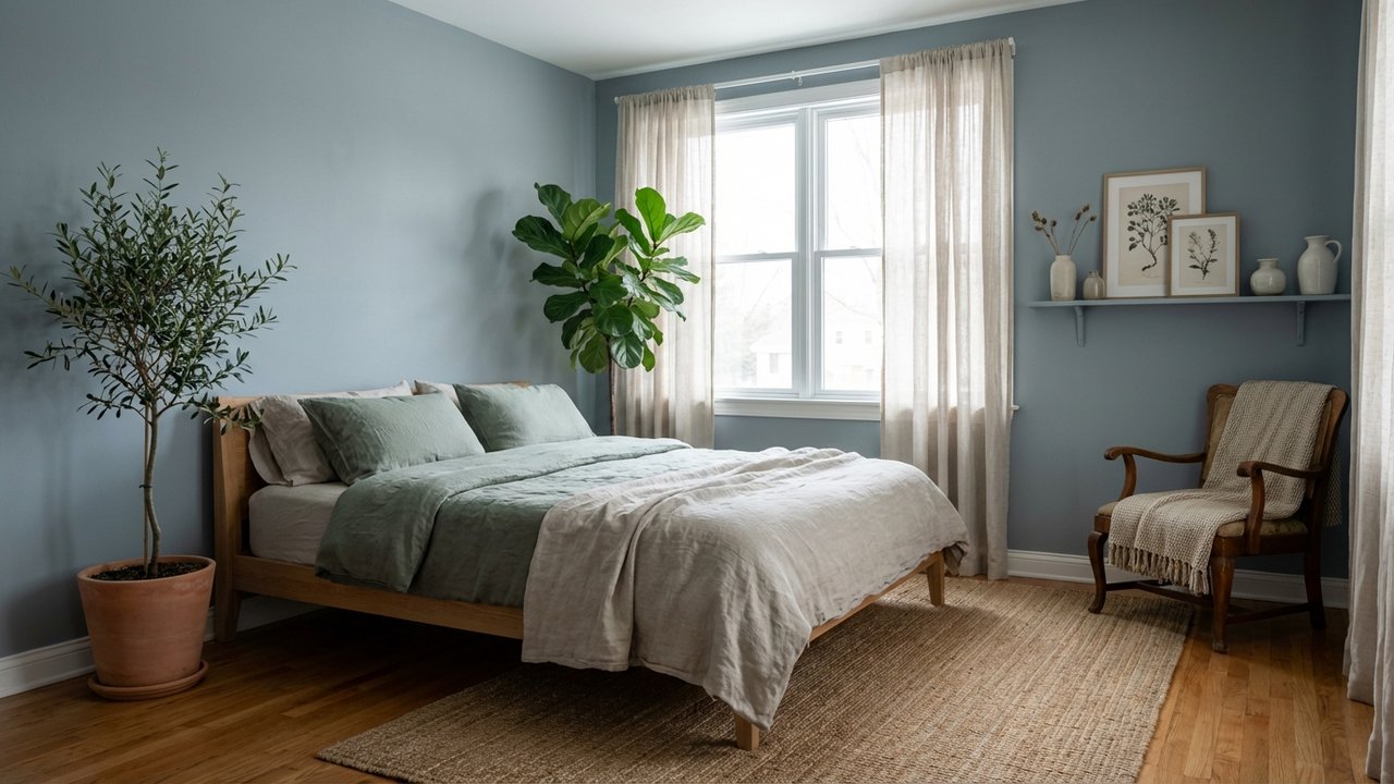 Chambre avec murs bleu aura et touches de vert céladon