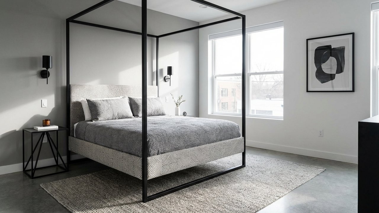 Chambre contemporaine gris et blanc avec détails en noir et géométrie épurée
