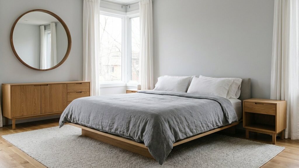 Chambre élégante aux teintes gris et blanc avec mobilier en bois clair