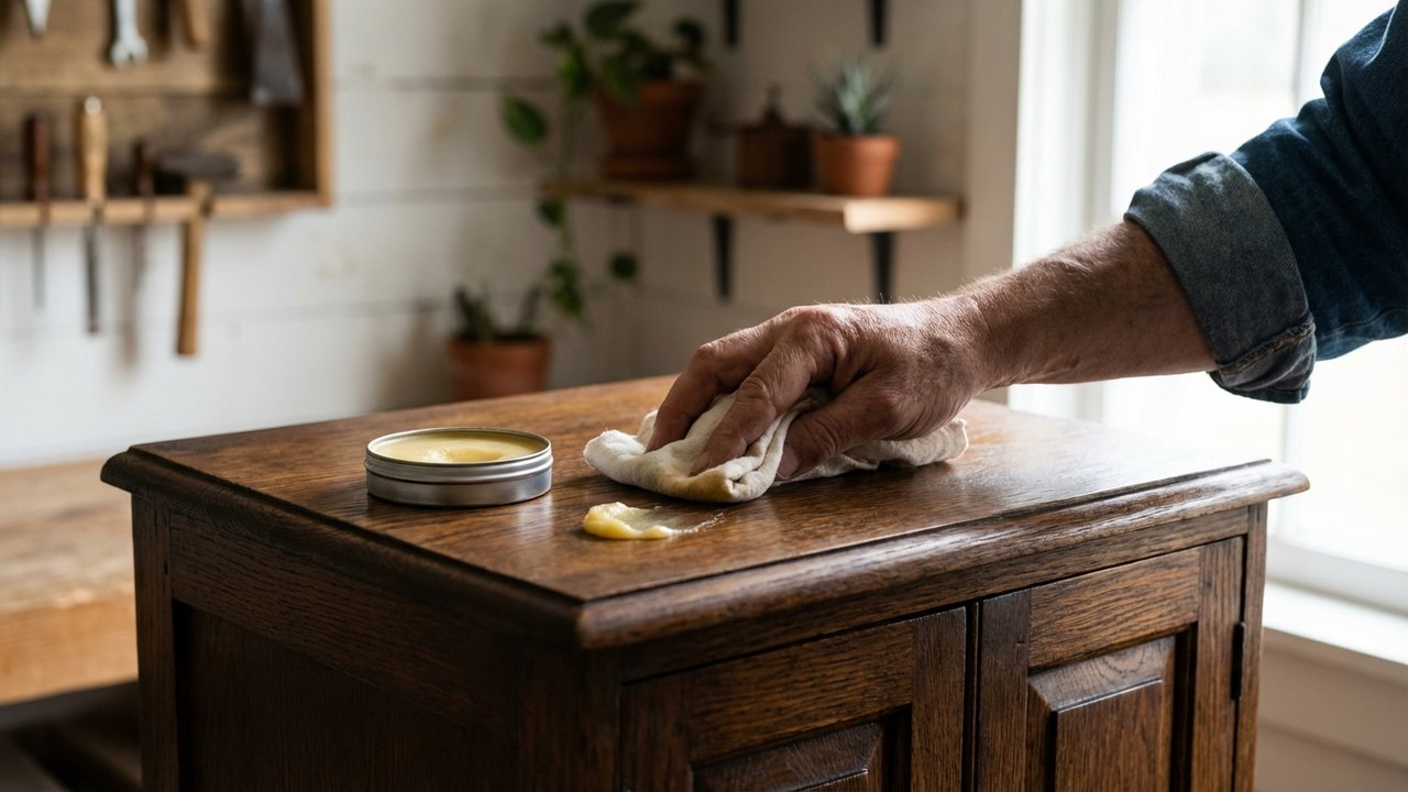 Application de cire d'abeille sur un meuble ancien pour restaurer la brillance