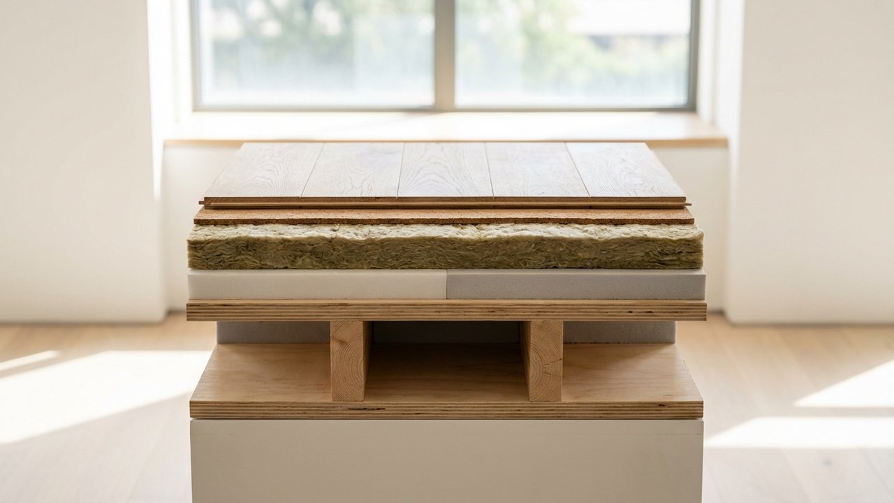 Coupe transversale montrant les couches d'isolation thermique et acoustique d'un plancher bois