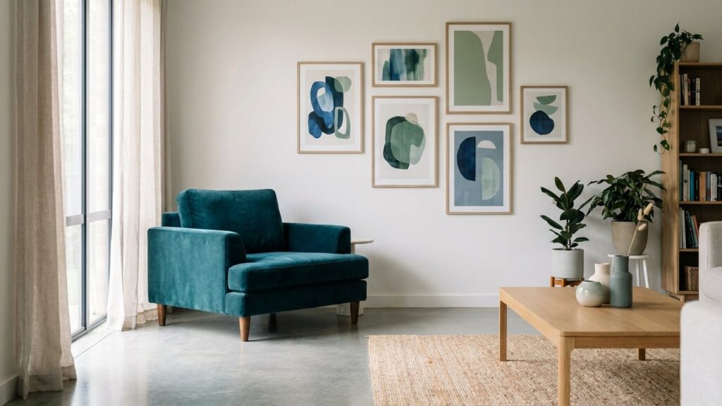 Salon avec fauteuil Transformative Teal et mur bleu-vert