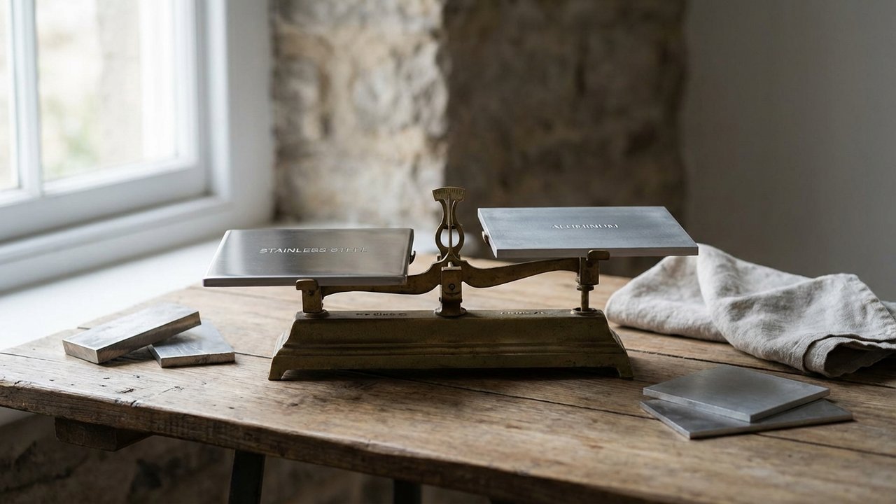 Plaques d'inox et d'aluminium illustrant la différence de densité