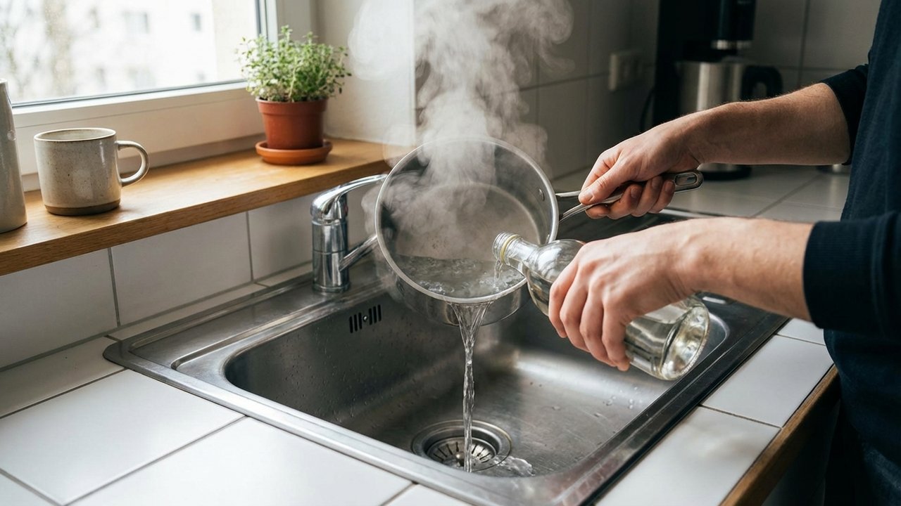 Versement d'eau bouillante au vinaigre dans une canalisation pour éliminer les asticots