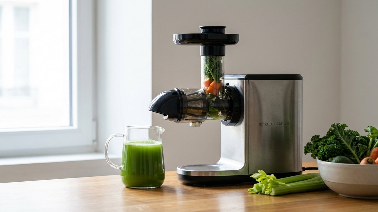 Extracteur de jus pressant des légumes verts et feuilles fraîches