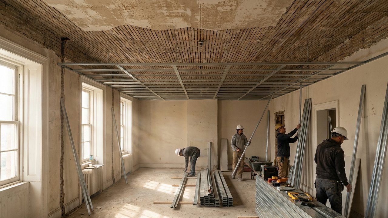 Pose de faux plafond avec rails métalliques sur un lattis-plâtre existant