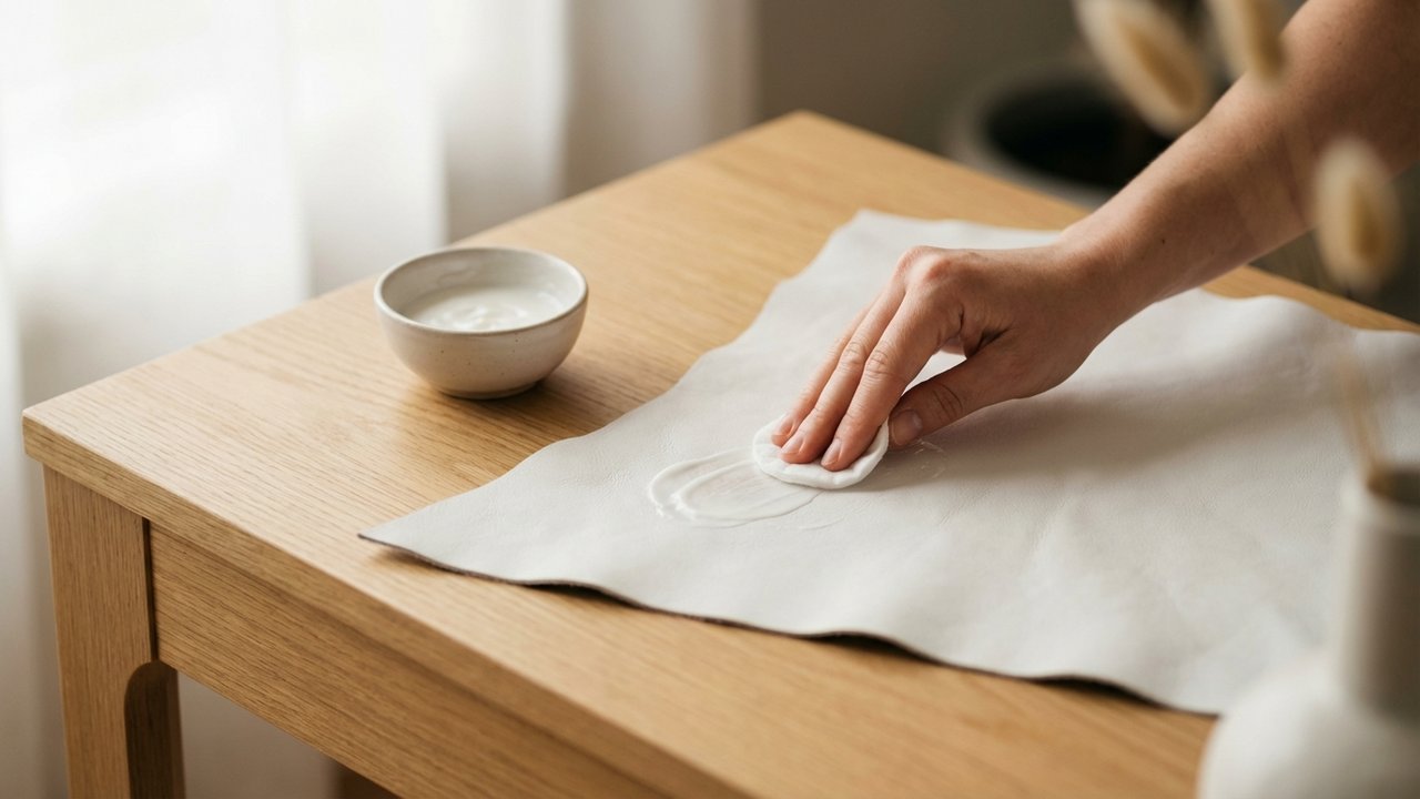 Hydratation d'un canapé en cuir blanc avec du lait démaquillant