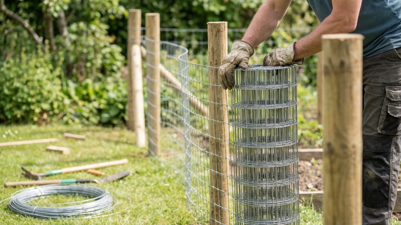Installation d'un grillage souple le long de poteaux dans un jardin