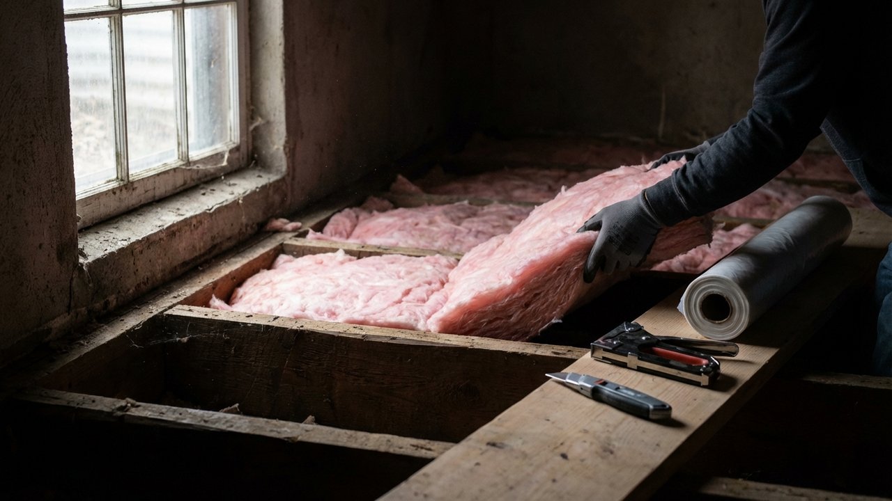 Installation d'isolation thermique entre les solives d'un plancher bois
