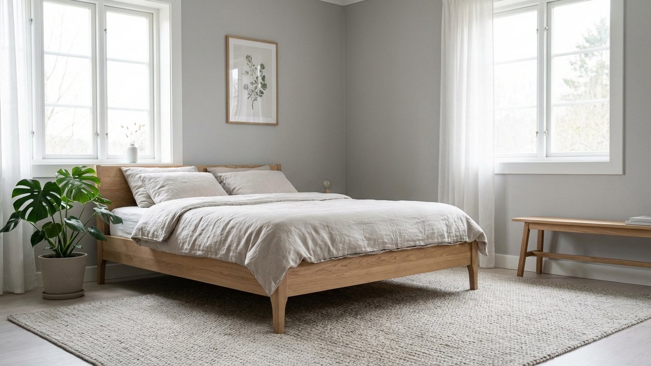 Chambre scandinave minimaliste avec lit en bois clair et murs gris clair
