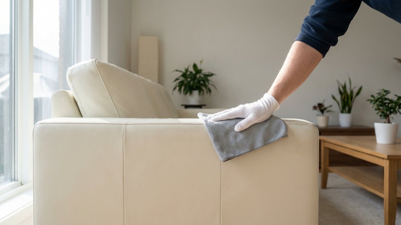 Nettoyage d'un canapé en cuir blanc avec un chiffon microfibre
