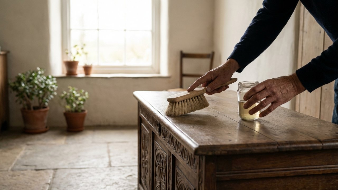 Nettoyage délicat d'un meuble ancien encrassé avec brosse douce