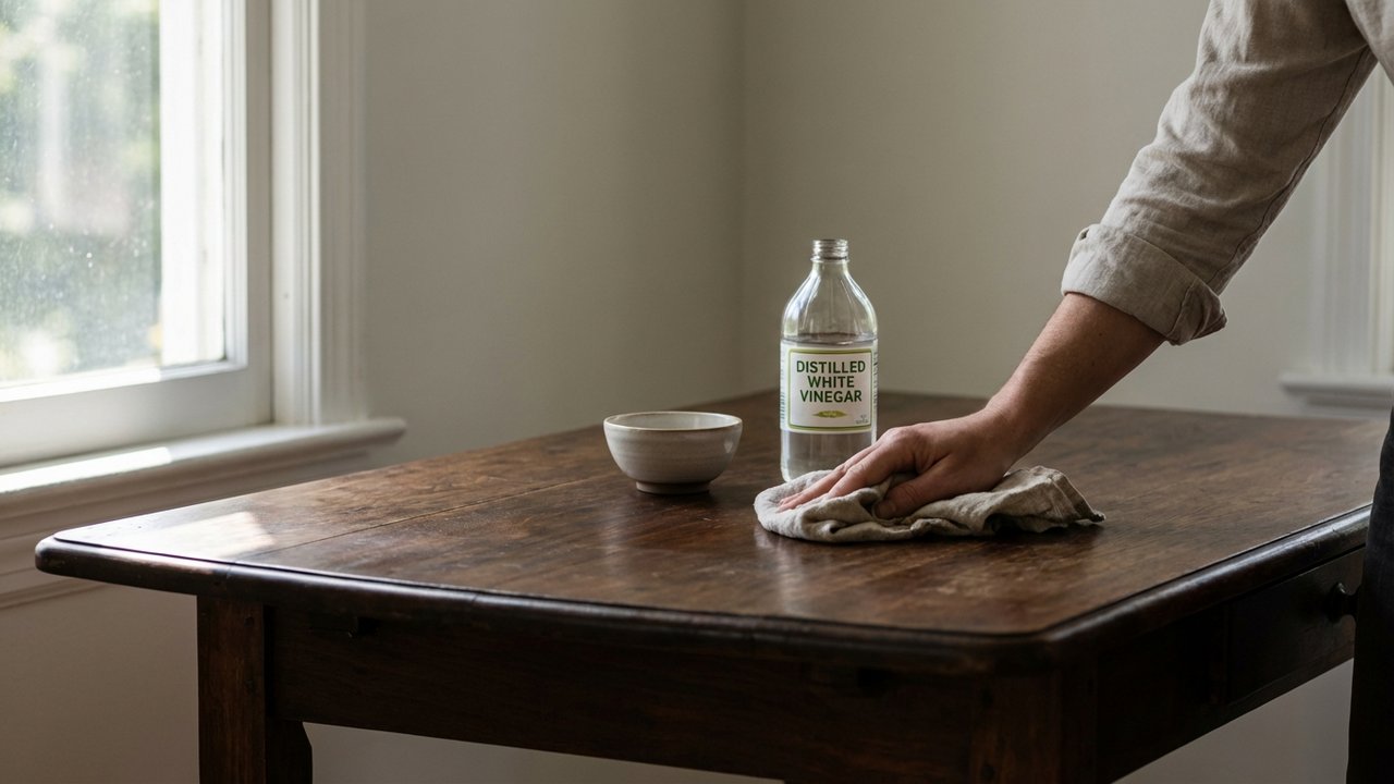 Application de vinaigre blanc dilué sur un meuble en bois encrassé