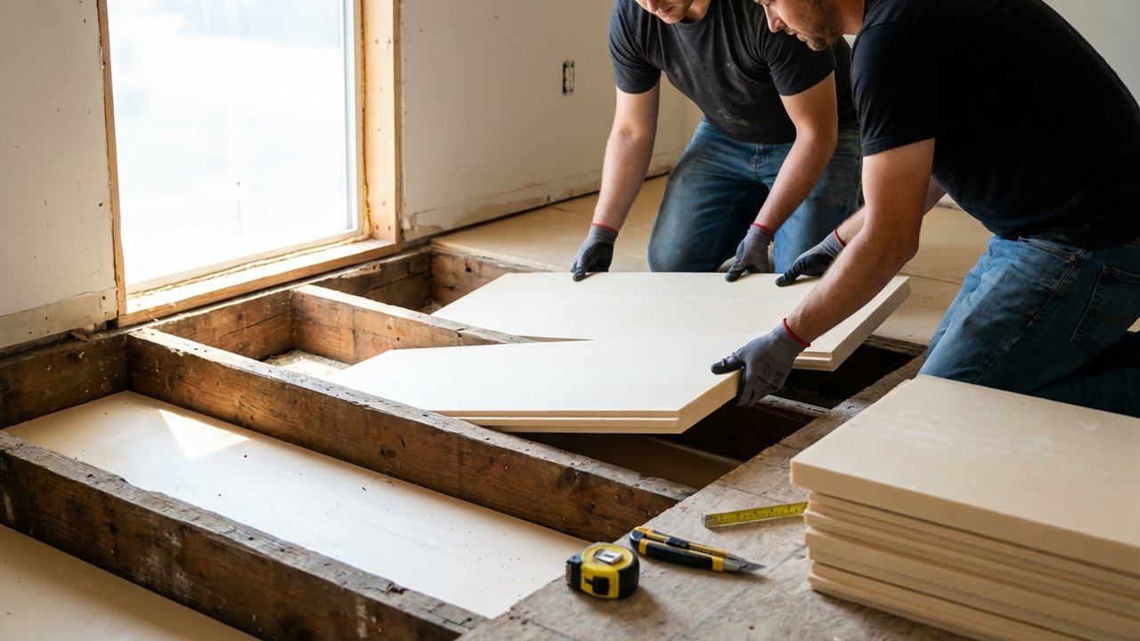 Pose de panneaux isolants rigides entre les solives d'un plancher en bois
