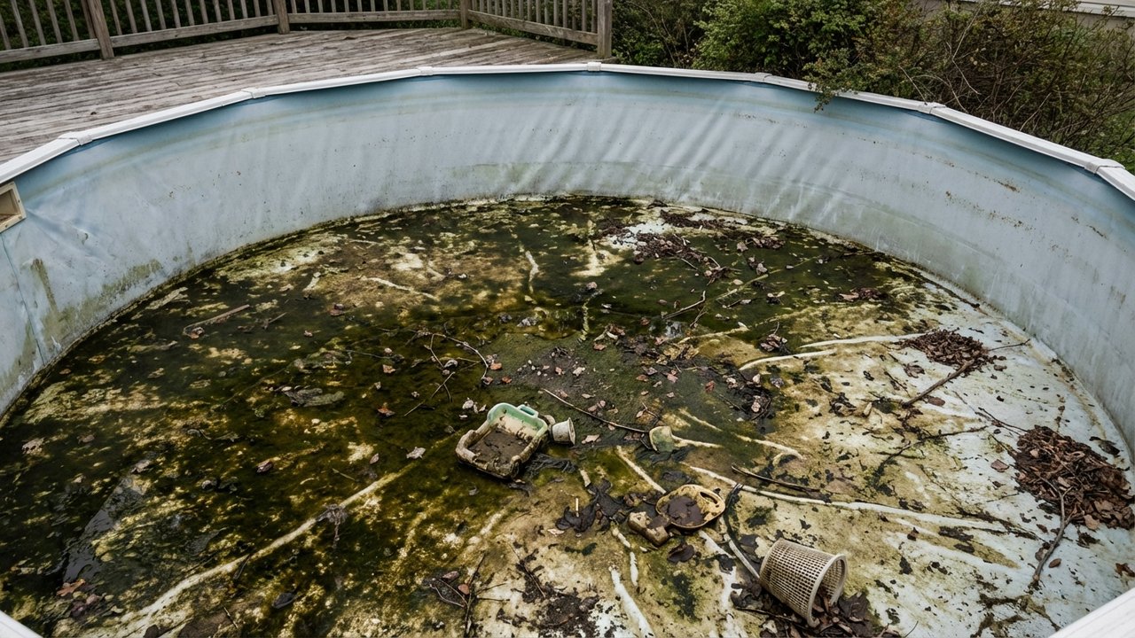 Fond de piscine hors sol très sale avec algues et dépôts