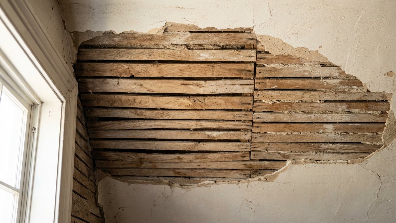 Structure d'un plafond lattis-plâtre avec lattes de bois apparentes