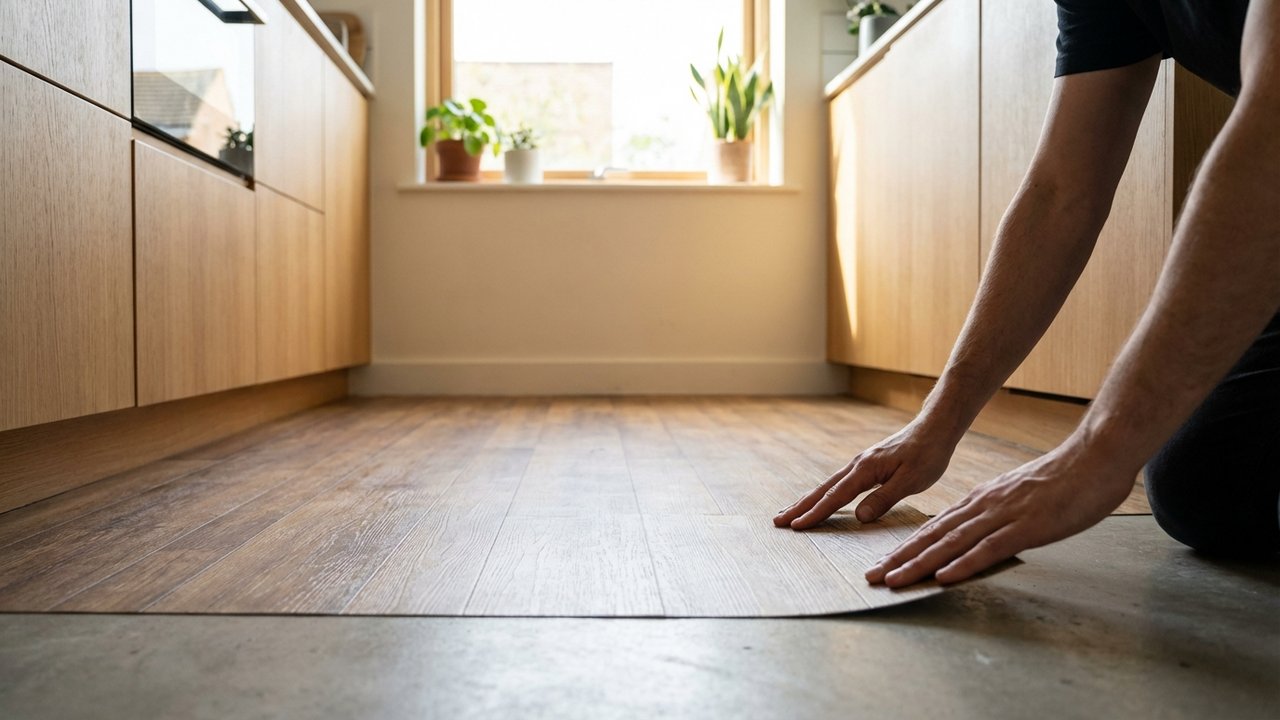 Installation de dalles PVC adhésives sur le sol d'une cuisine ancienne