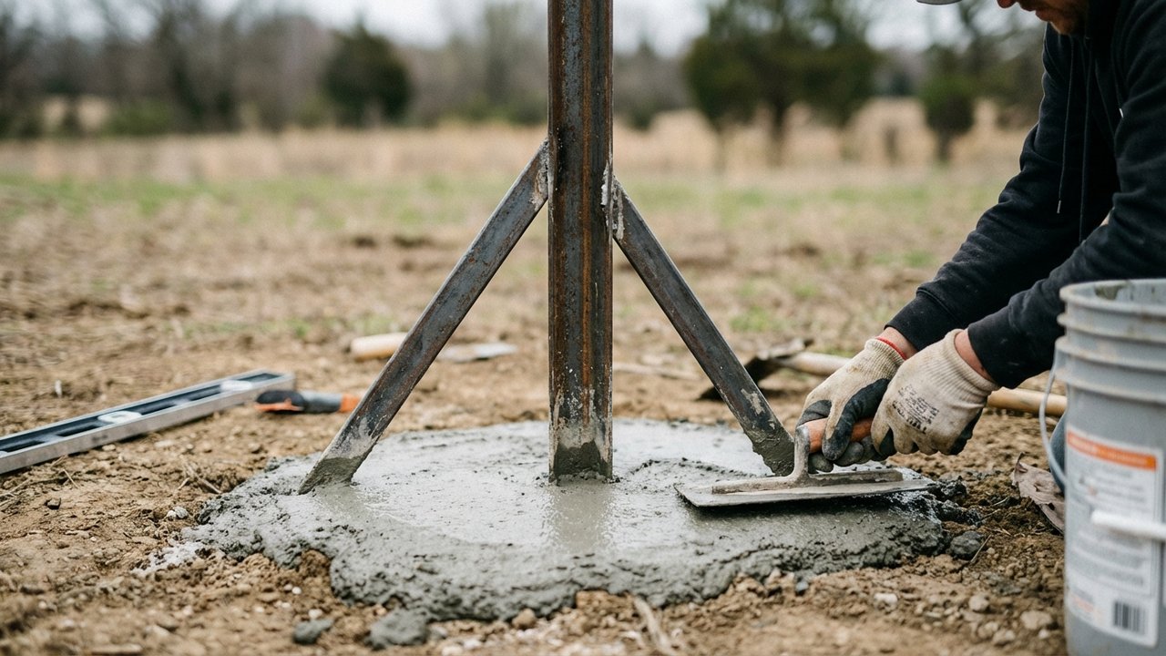 Mise en place d'un poteau T avec jambes de force dans du béton
