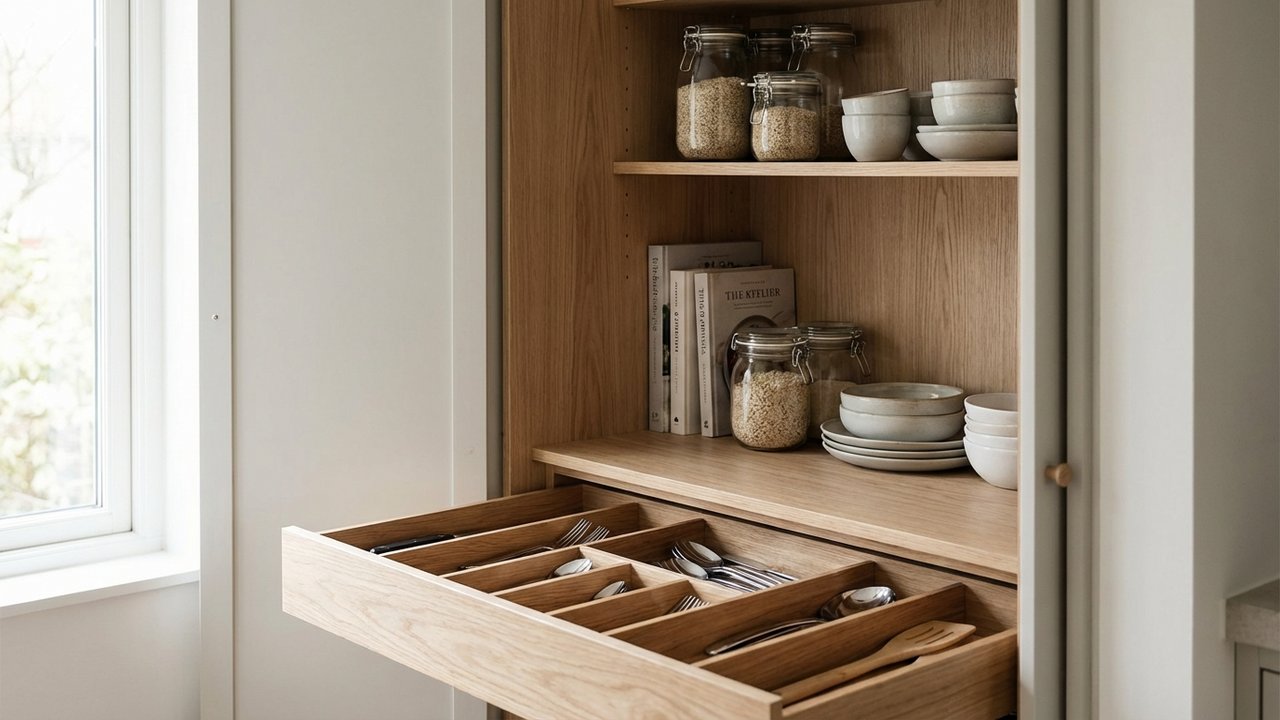 Intérieur de placard de cuisine bien organisé avec séparateurs de tiroirs