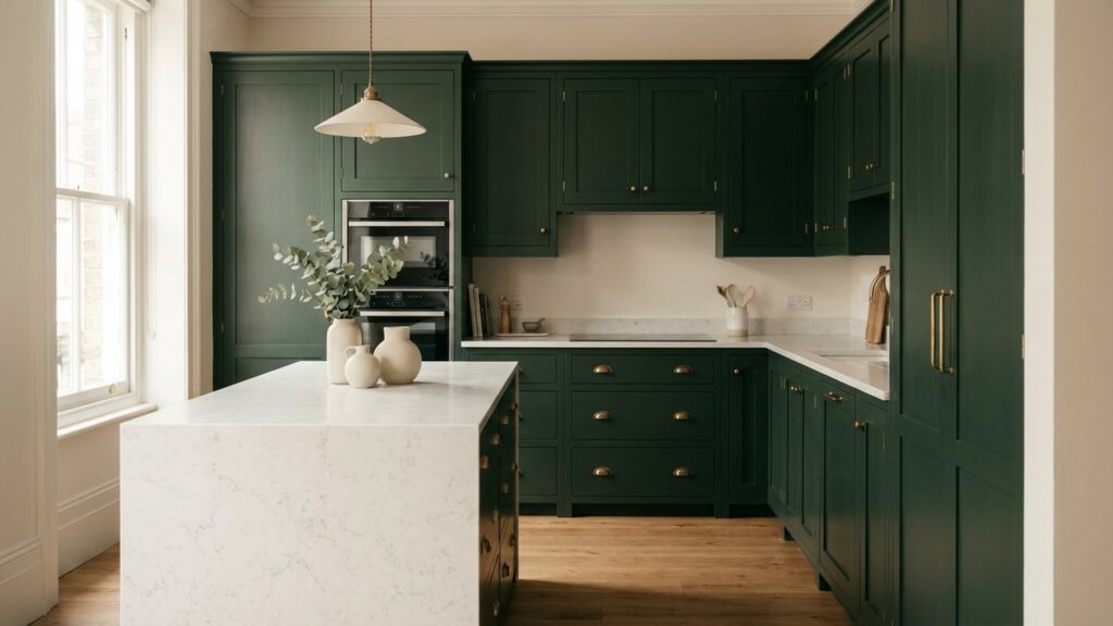 Cuisine ancienne relookée avec meubles repeints en blanc et poignées modernes