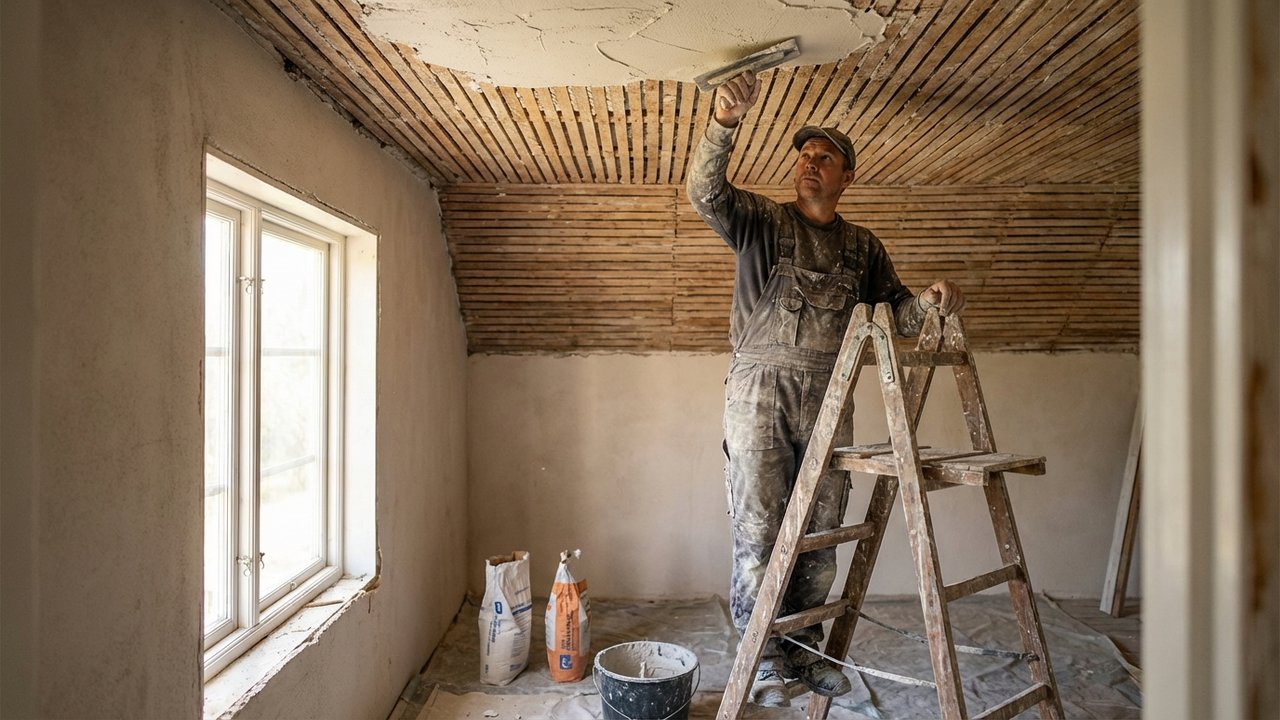 Application de plâtre sur un plafond en lattis lors d'une rénovation