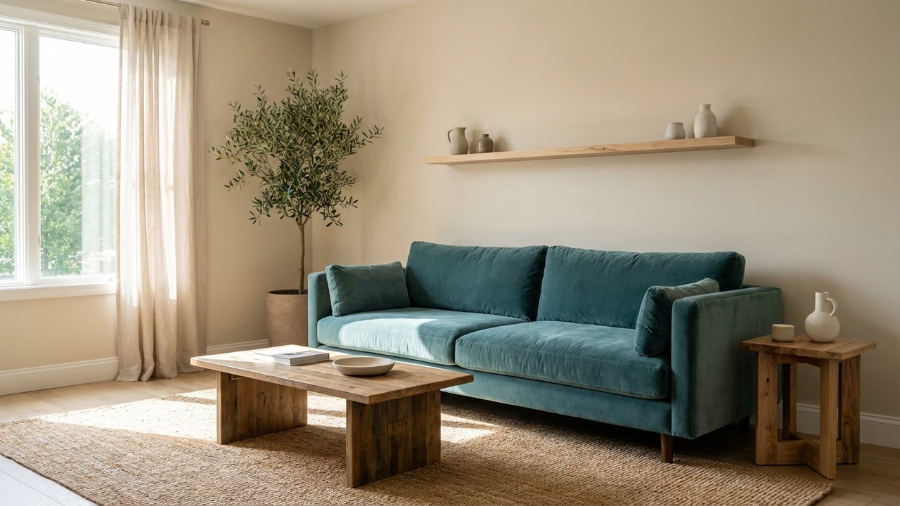 Canapé vert sarcelle associé à des murs beiges et bois clair