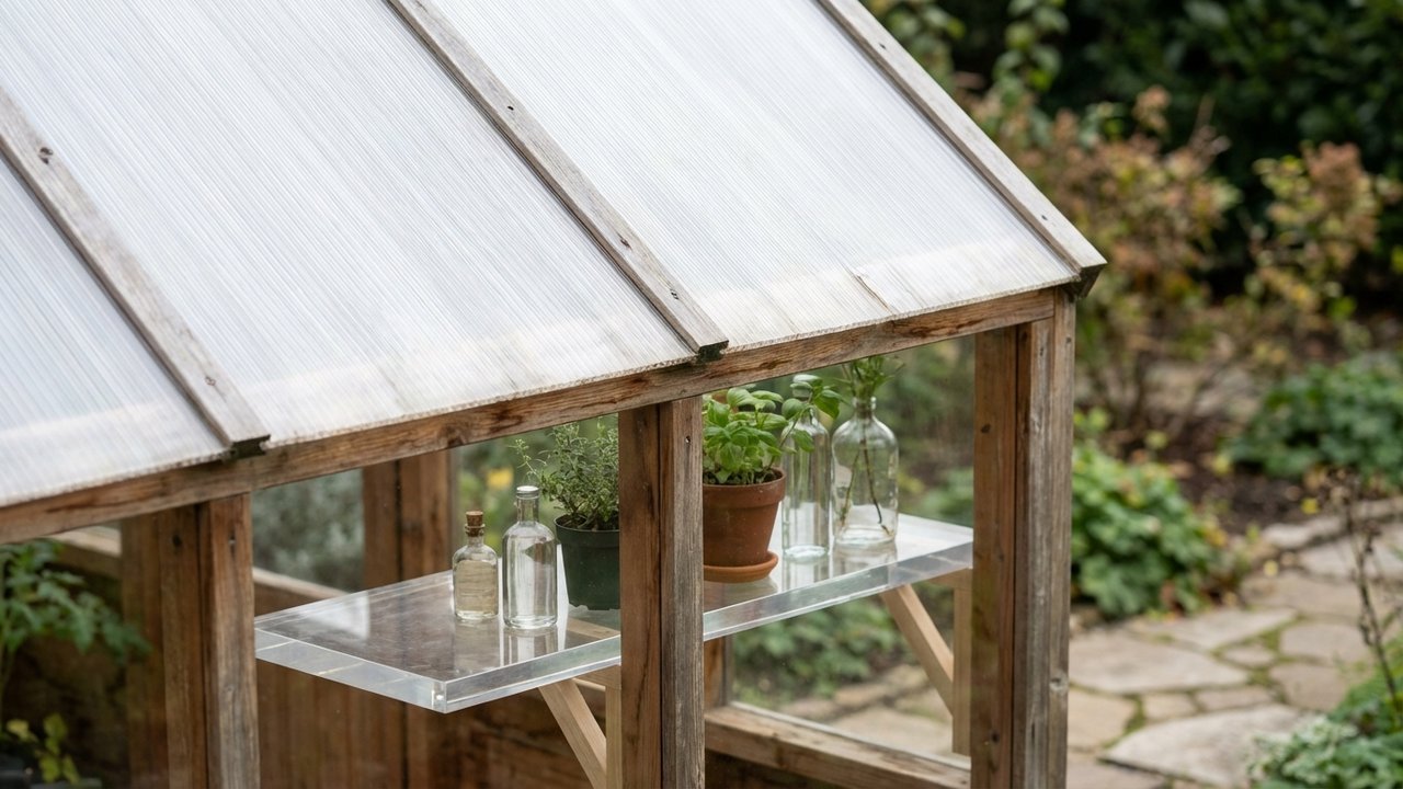Toiture en polycarbonate de serre et étagère décorative en plexiglas