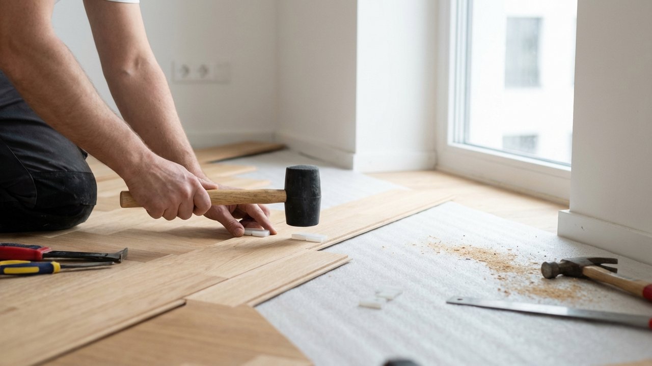 Assemblage des lames de parquet flottant avec cales de dilatation