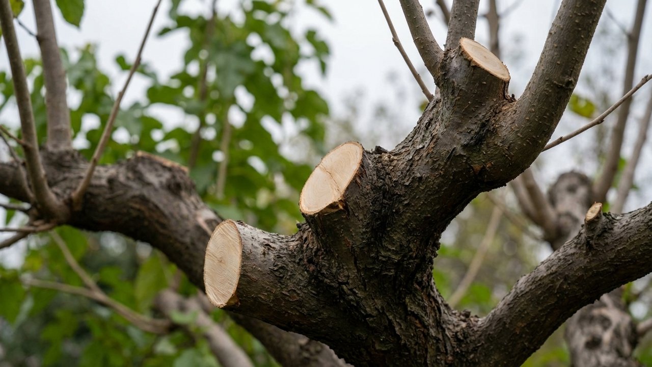 Coupes nettes et propres sur les branches d'un mûrier platane