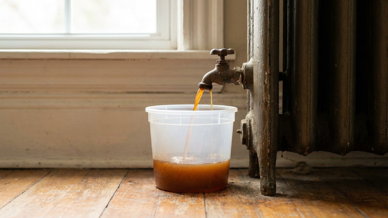 Eau boueuse s'échappant lors du purgement d'un radiateur en fonte