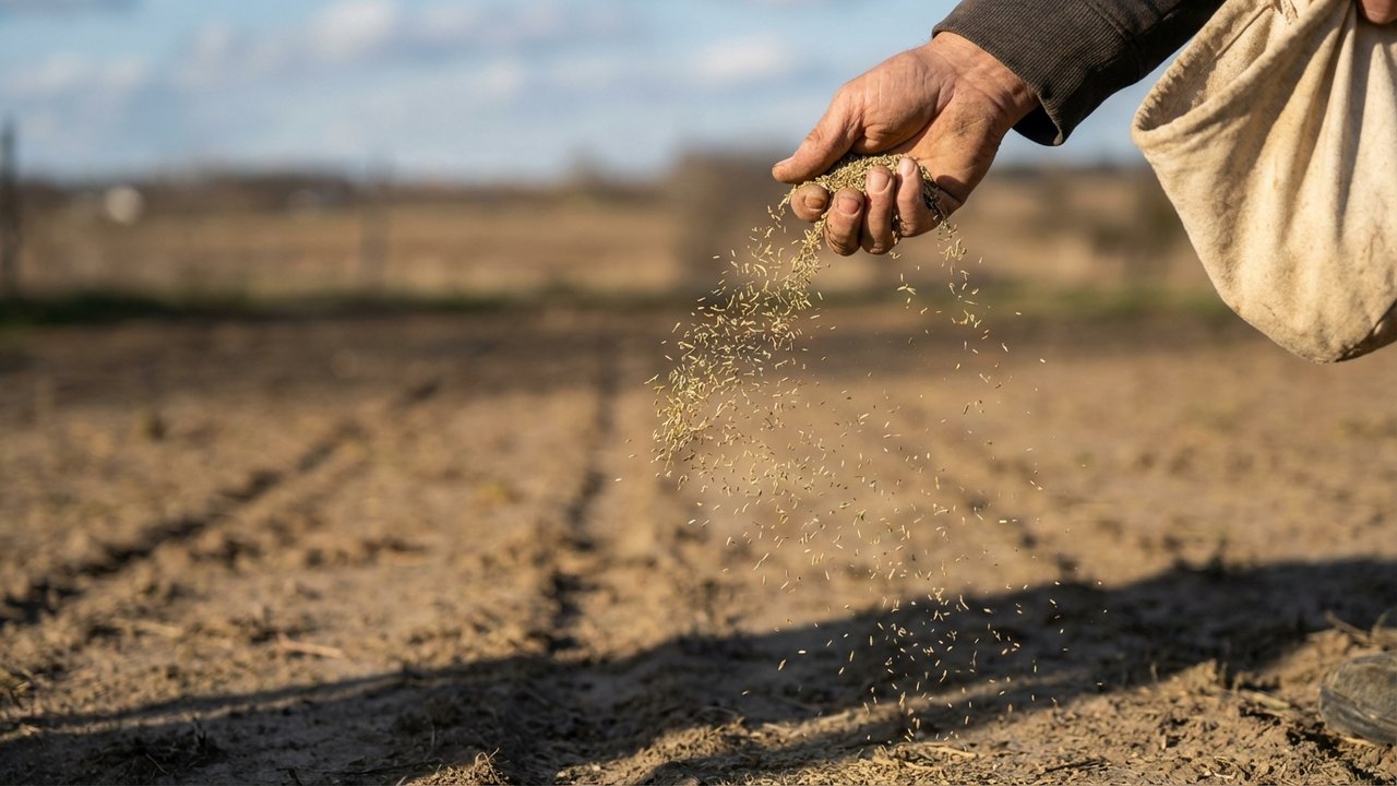 Semis croisé de graines de gazon sur sol nu