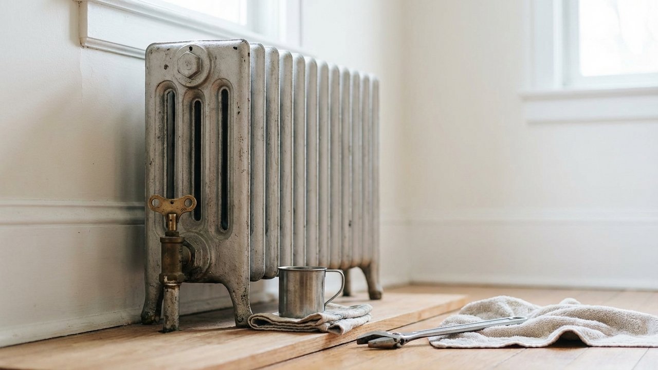 Matériel préparé pour purger un radiateur en fonte