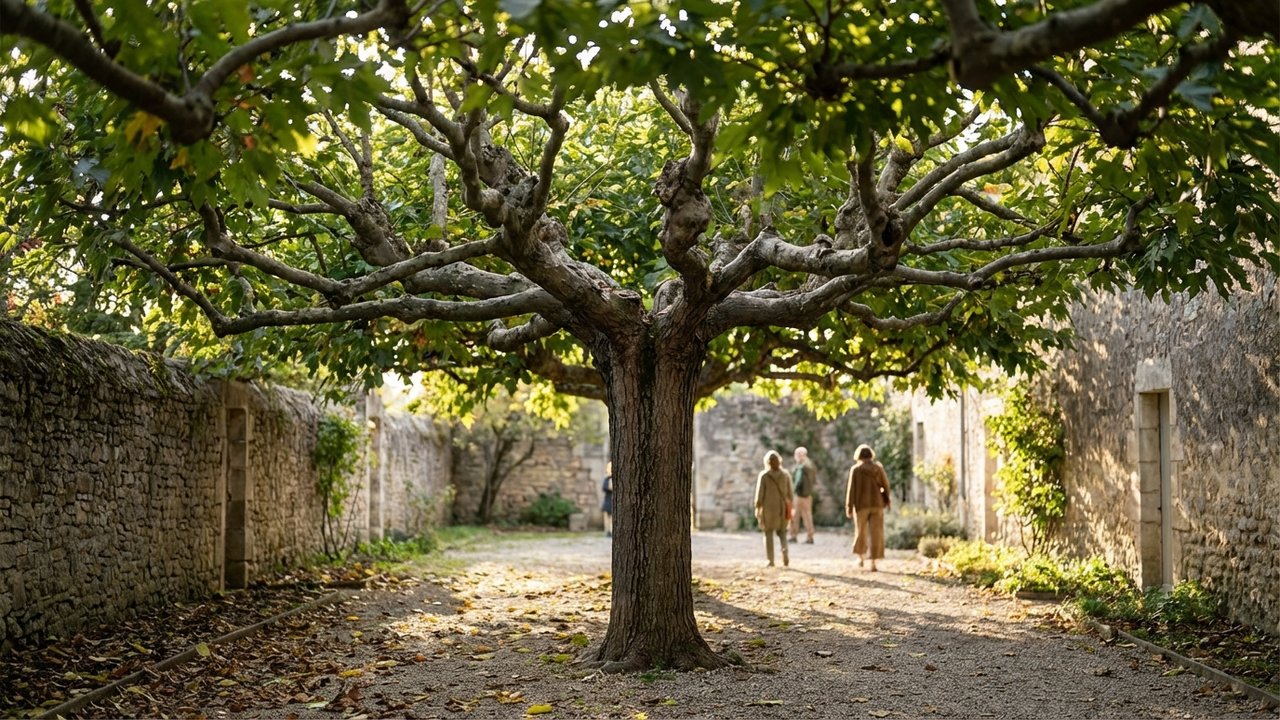 Mûrier platane taillé en parasol avec branches étalées horizontalement