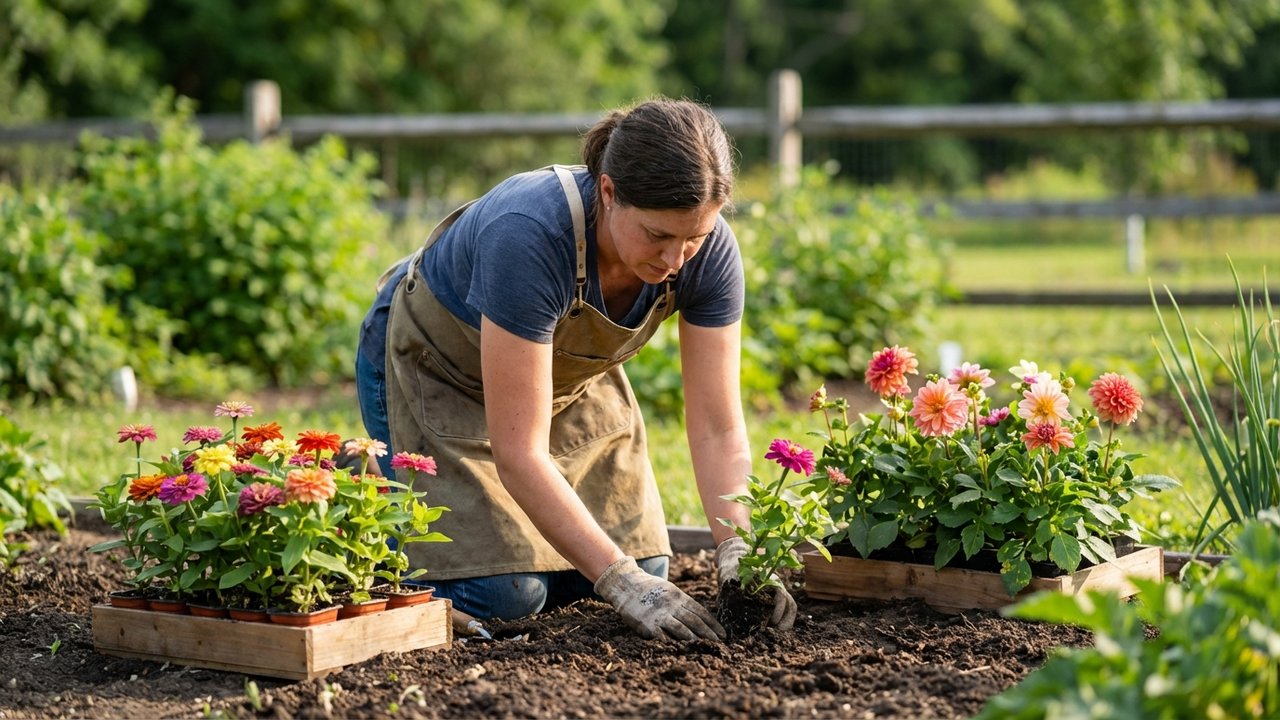 Plantation de fleurs annuelles en été dans le jardin