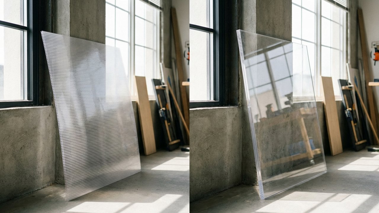 Plaques de polycarbonate et plexiglas côte à côte pour comparaison