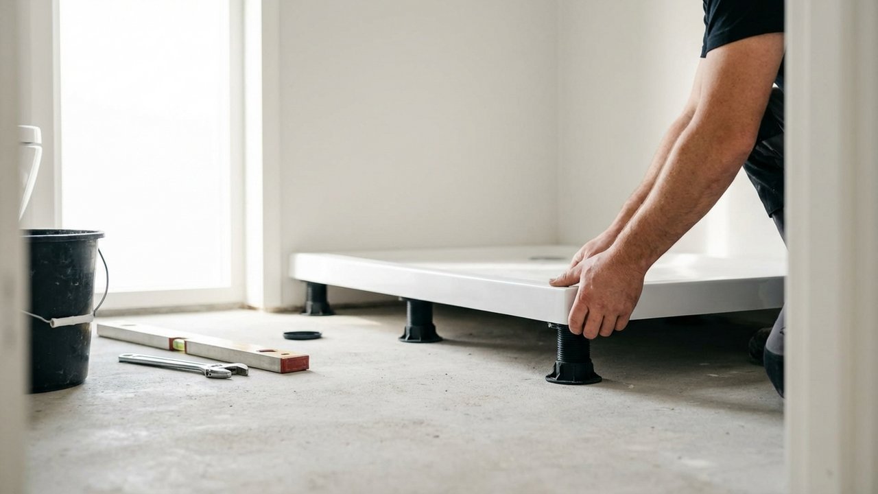 Installation d'un bac de douche avec pieds réglables sur le sol