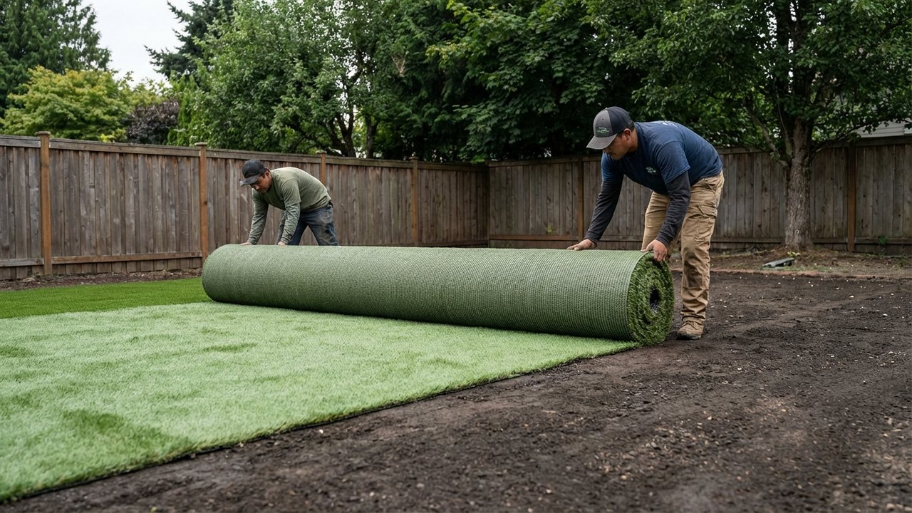 Pose du gazon artificiel sur terrain préparé