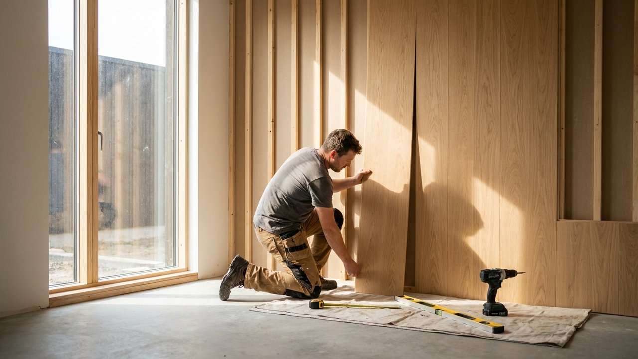 Installation de lambris mural en bois sur une ossature de tasseaux