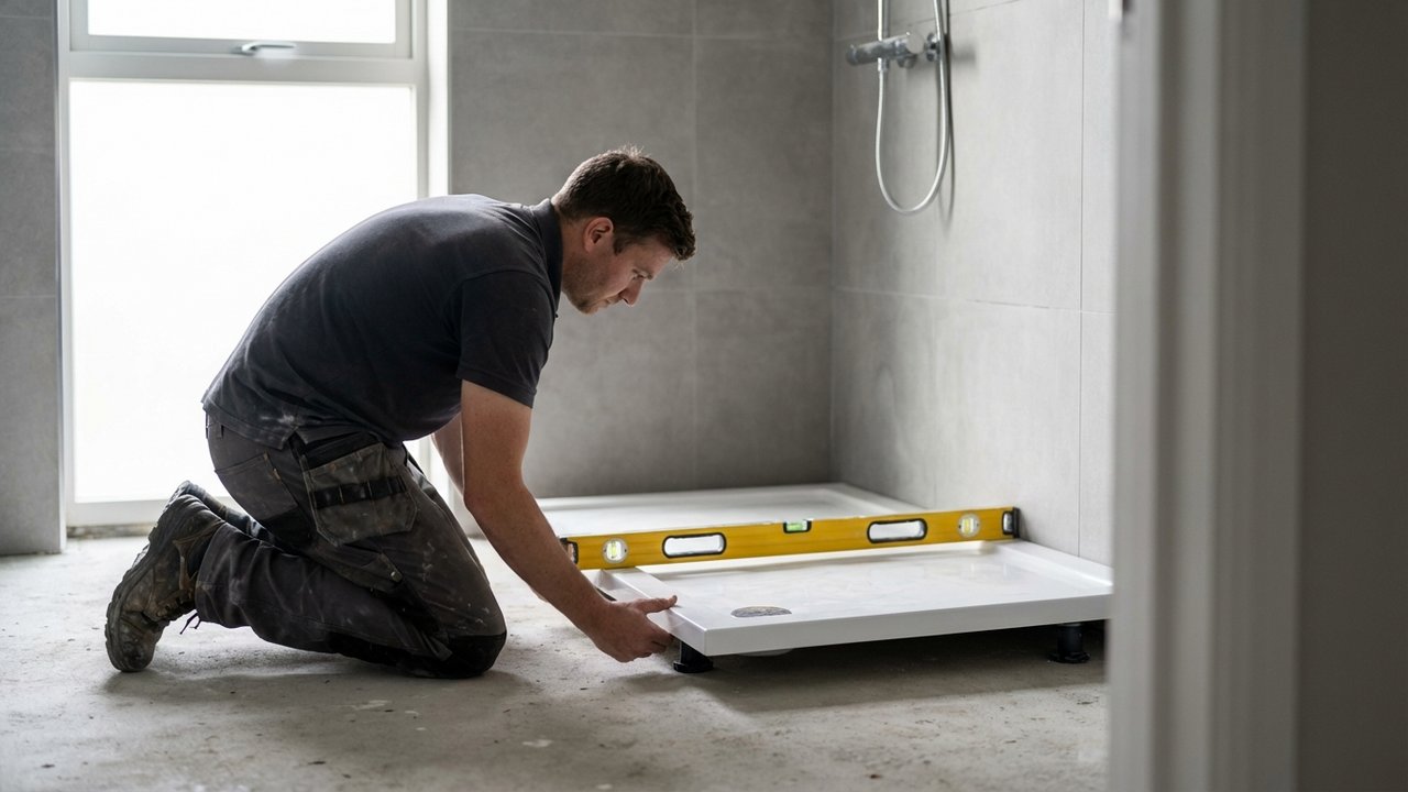 Positionnement d'un receveur de douche sur le sol avec niveau