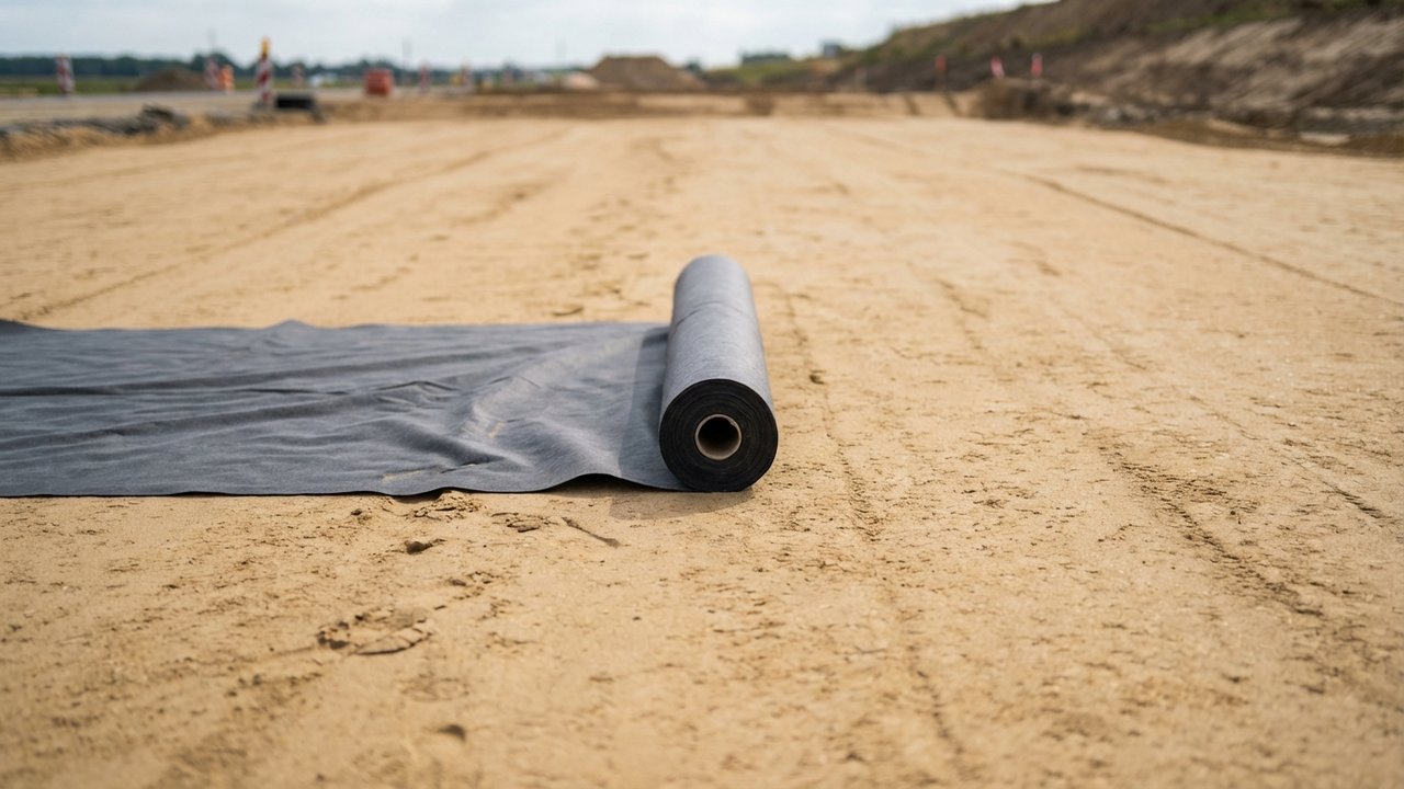 Préparation du sol avec sable et géotextile pour gazon artificiel